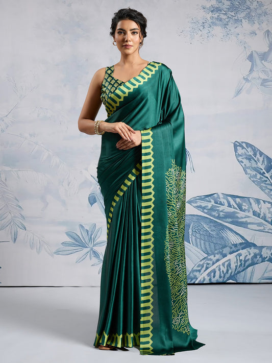 Green Teal Block Print Satin Printed Saree