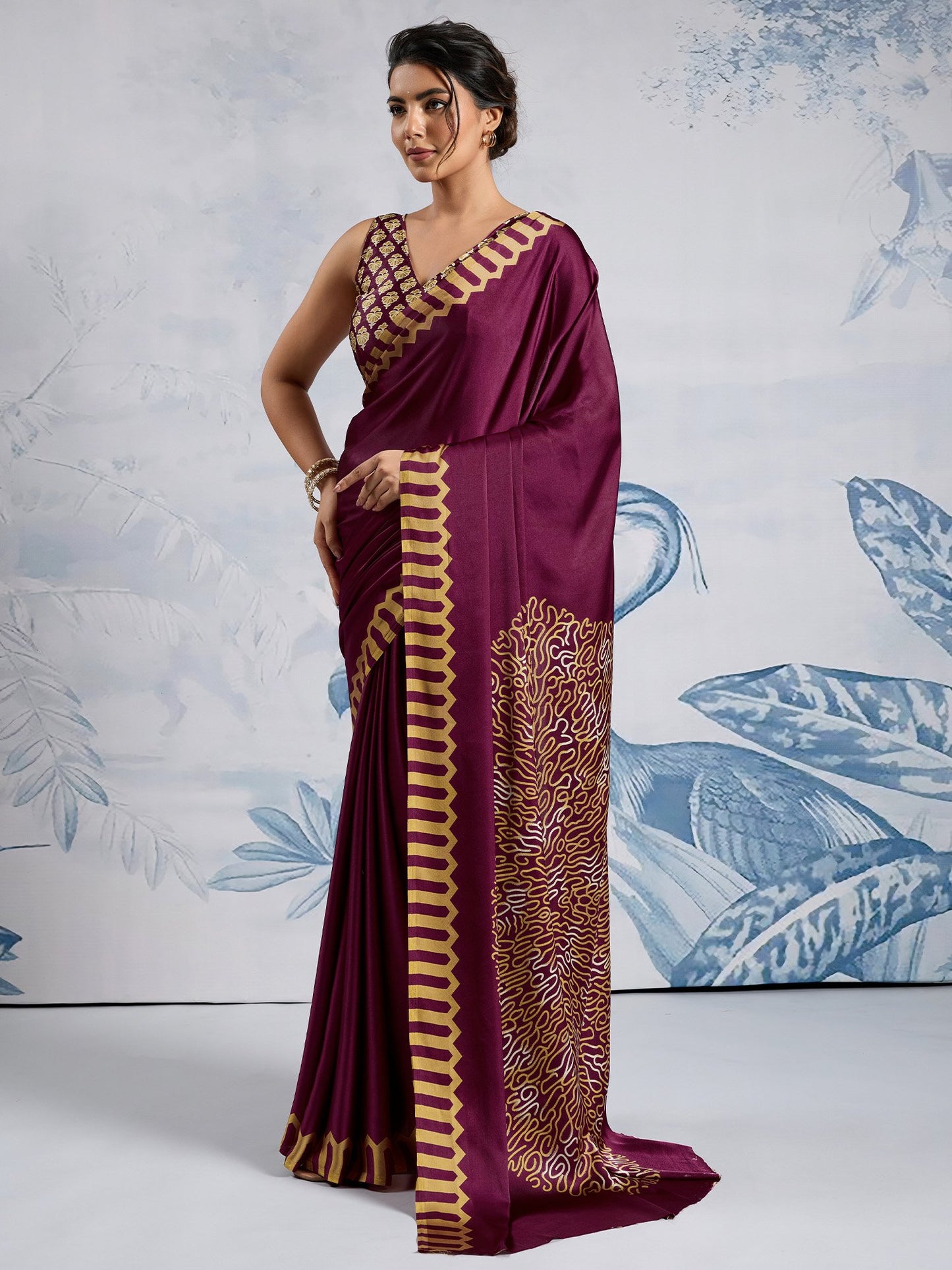 Magenta Block Print Satin Printed Saree