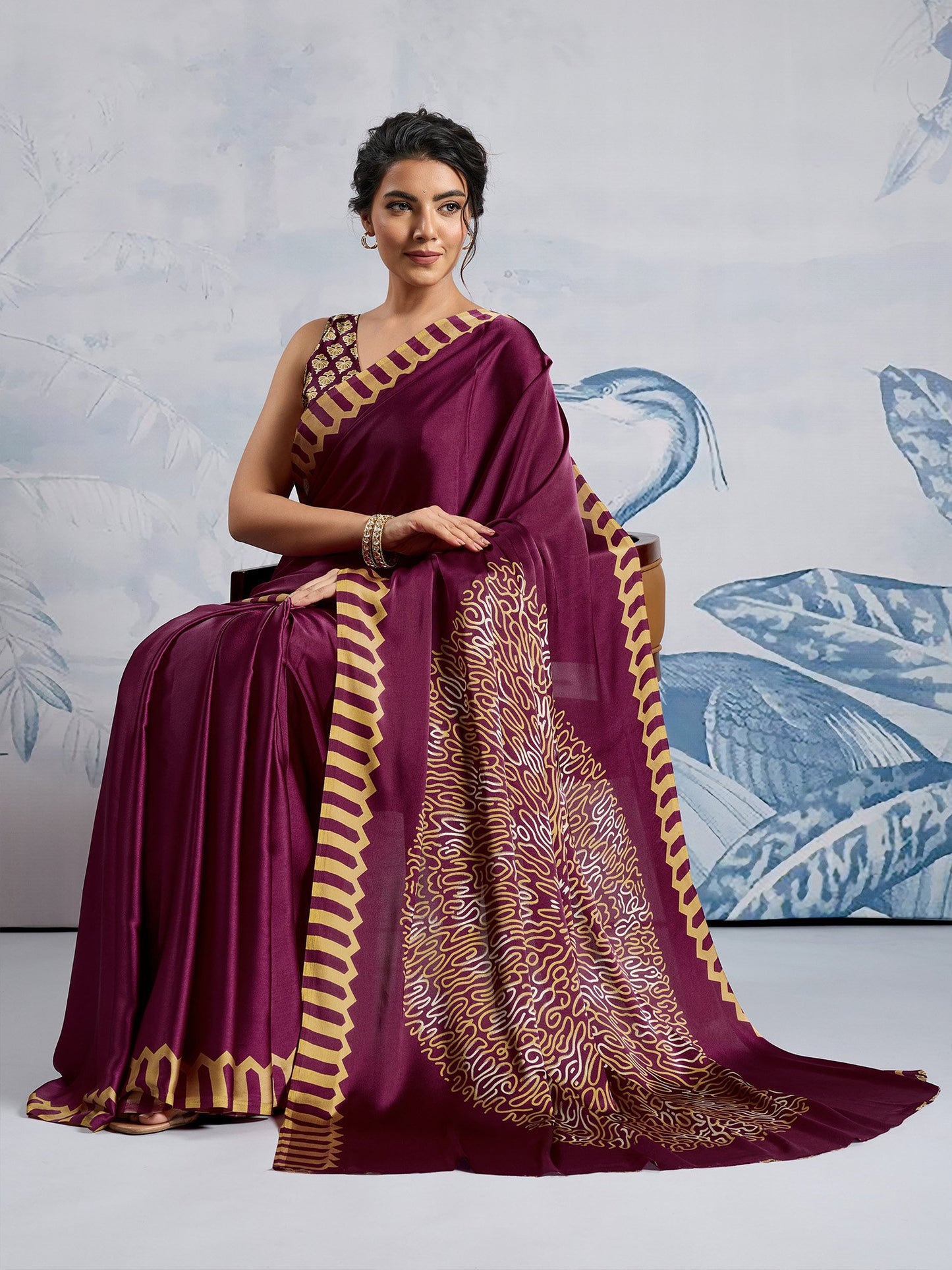 Magenta Block Print Satin Printed Saree