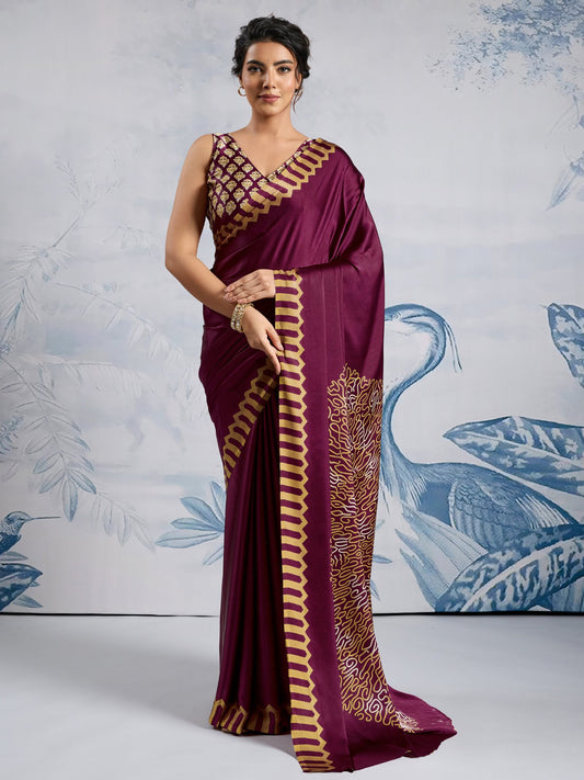Purple Magenta Block Print Satin Printed Saree