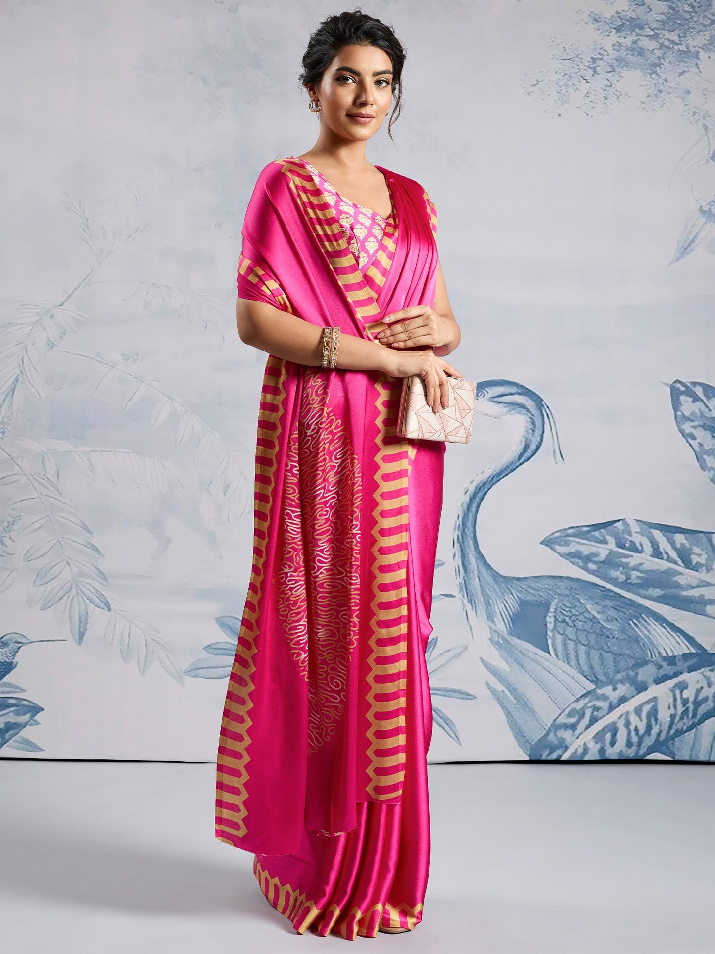 Magenta Block Print Satin Printed Saree