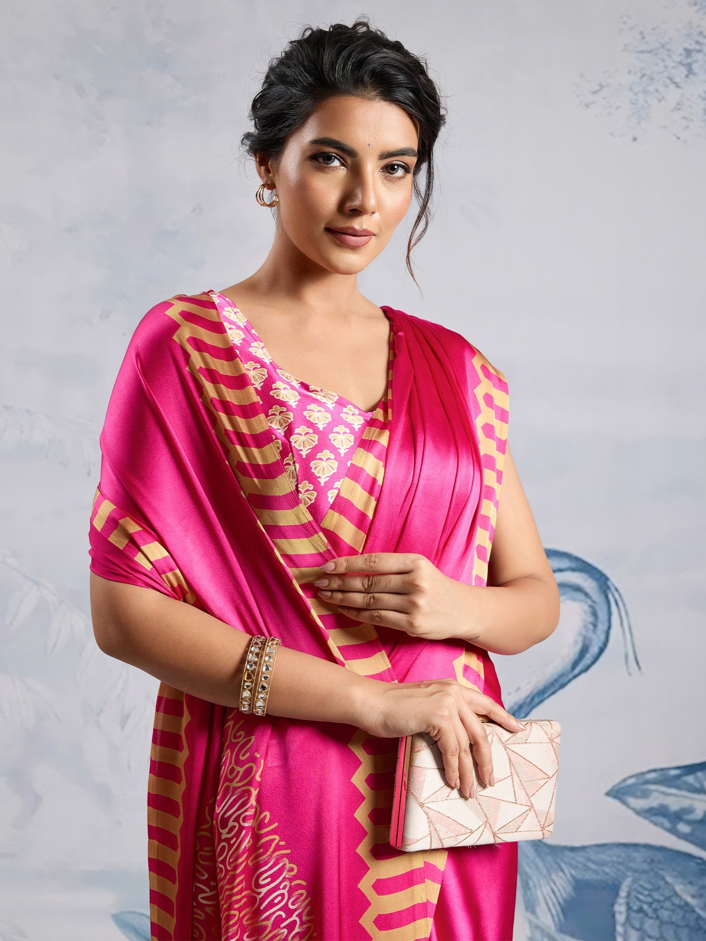 Magenta Block Print Satin Printed Saree