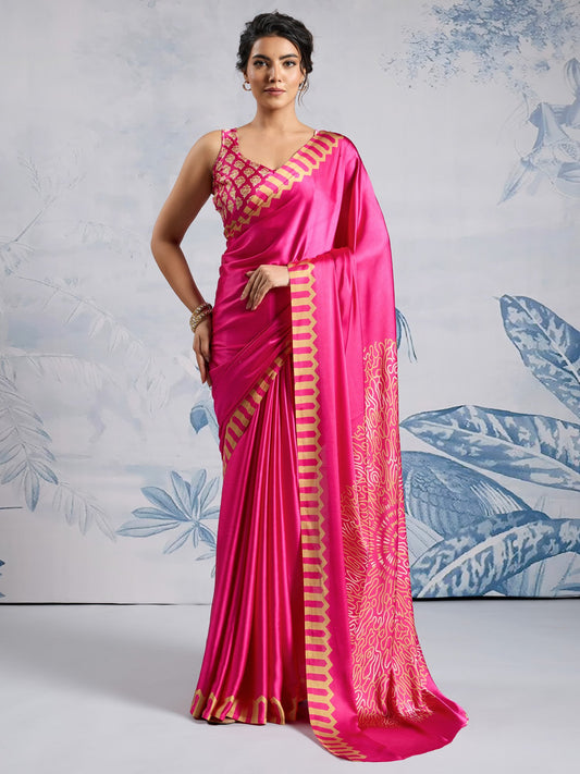 Pink Magenta Block Print Satin Printed Saree