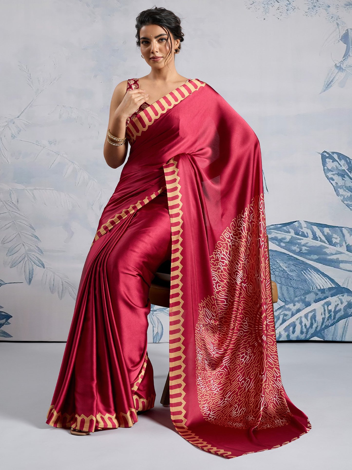 Maroon Block Print Satin Printed Saree