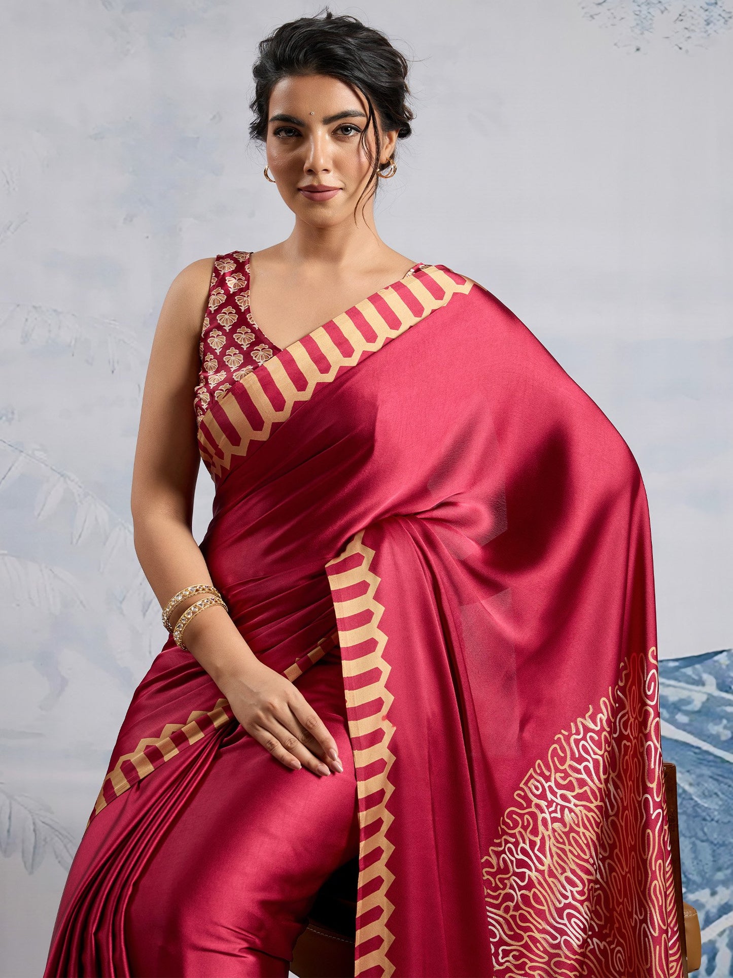 Maroon Block Print Satin Printed Saree