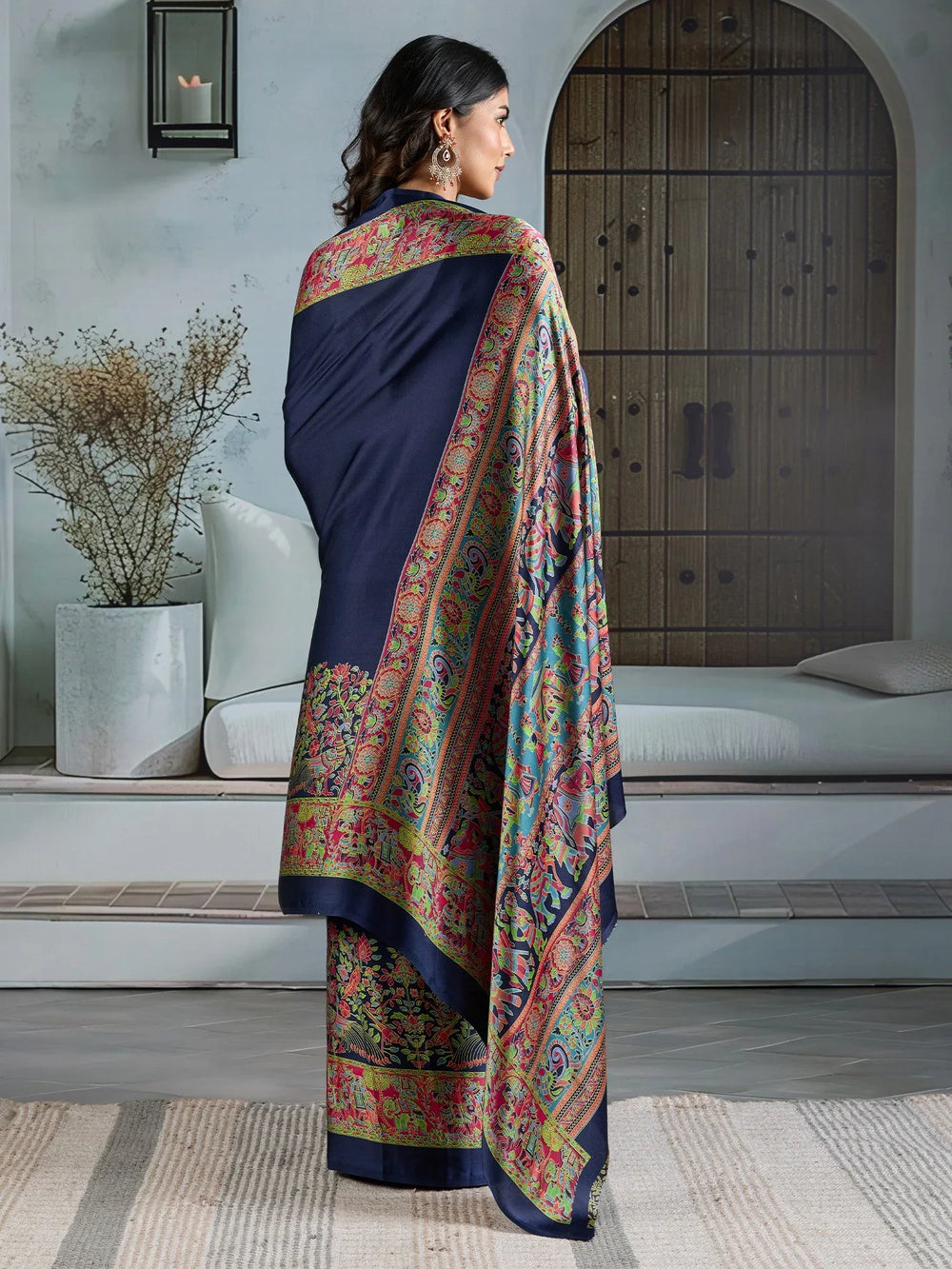 Navy Banarasi Satin Printed Saree - The Dori Store