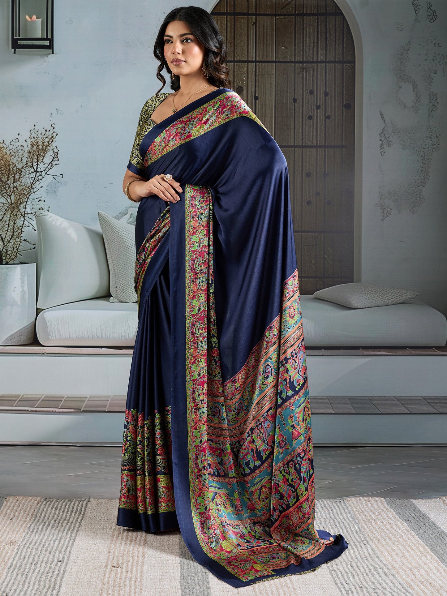 Navy Banarasi Satin Printed Saree