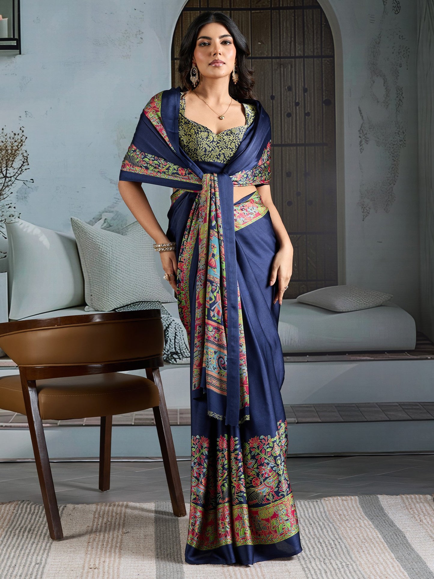 Navy Banarasi Satin Printed Saree
