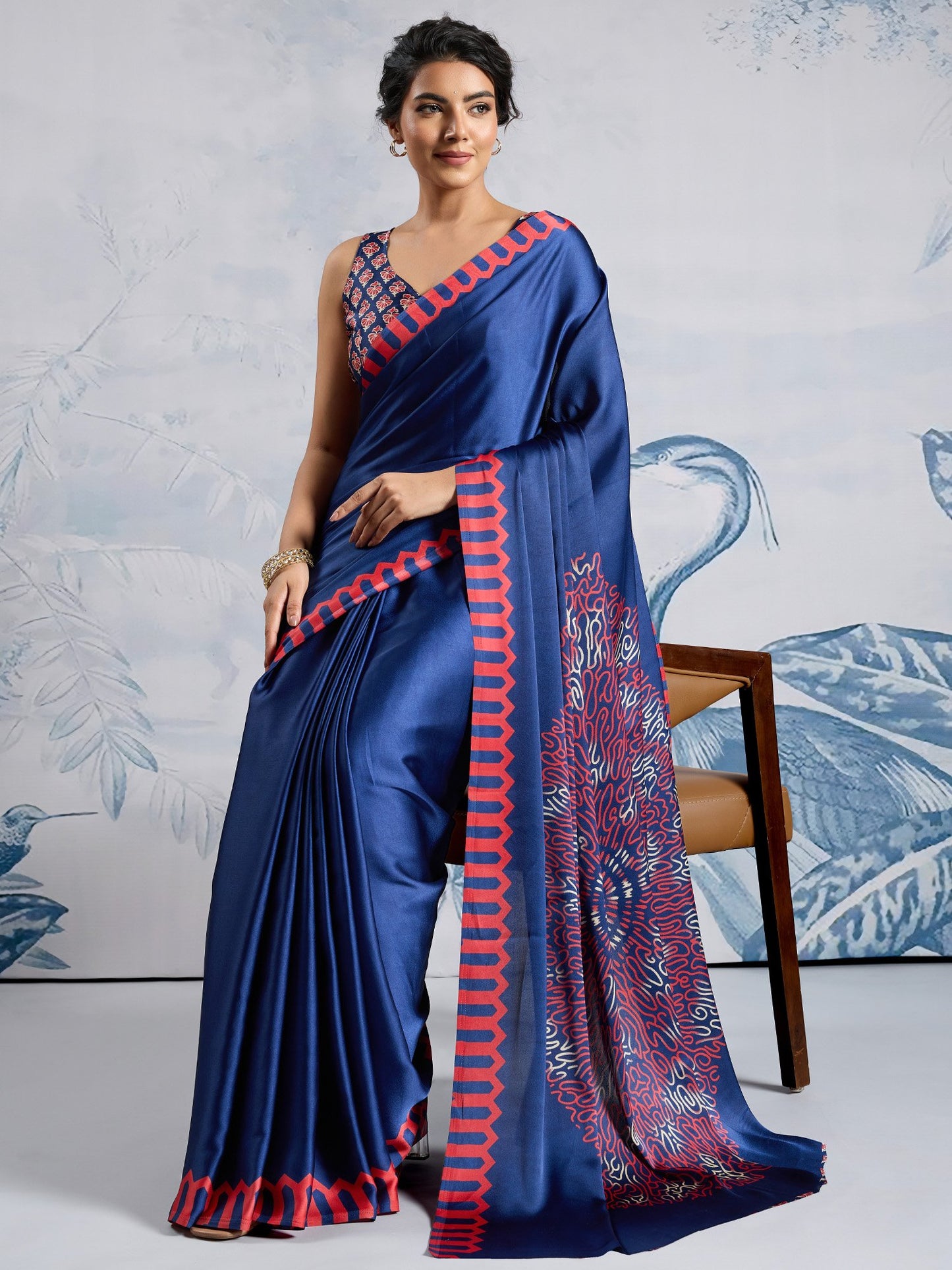 Blue Block Print Satin Printed Saree
