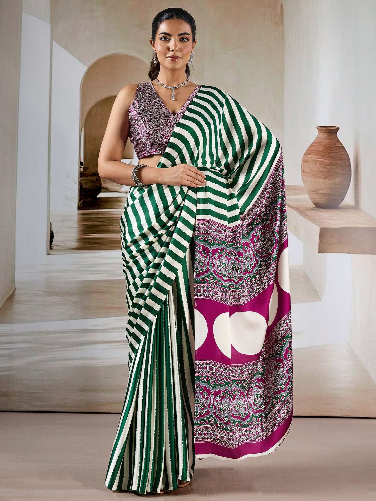 Green Leheriya Satin Printed Saree