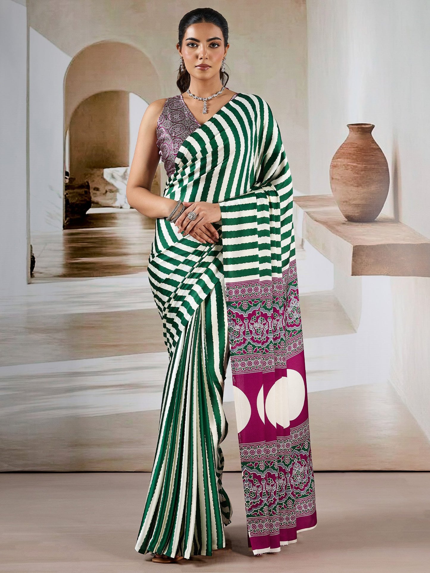 Green Green Leheriya Satin Printed Saree