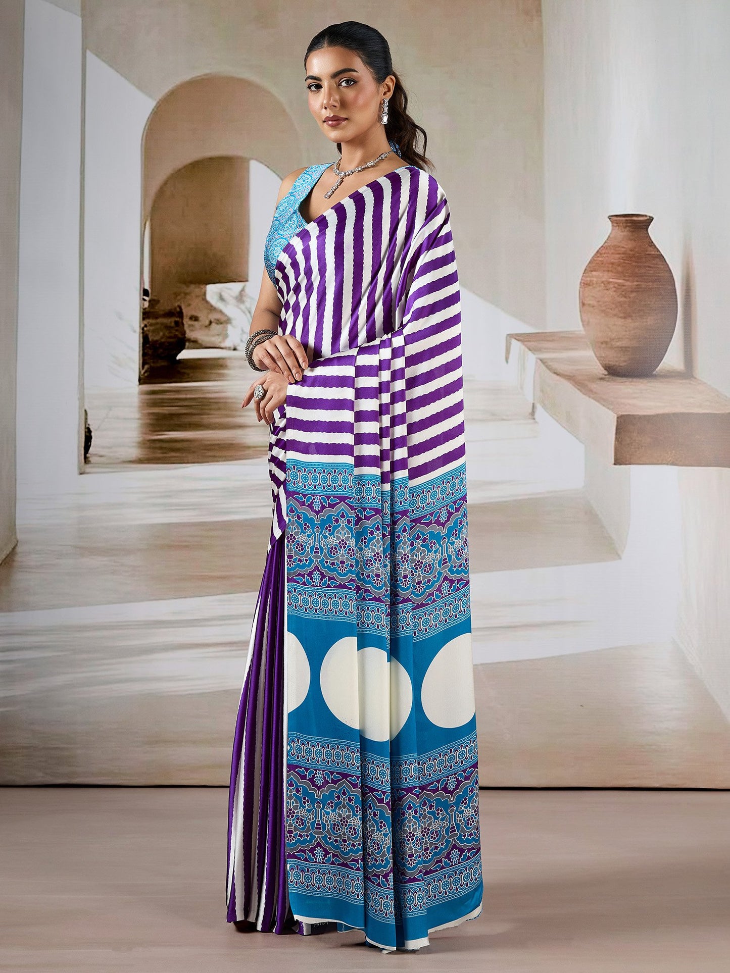 Purple Leheriya Satin Printed Saree
