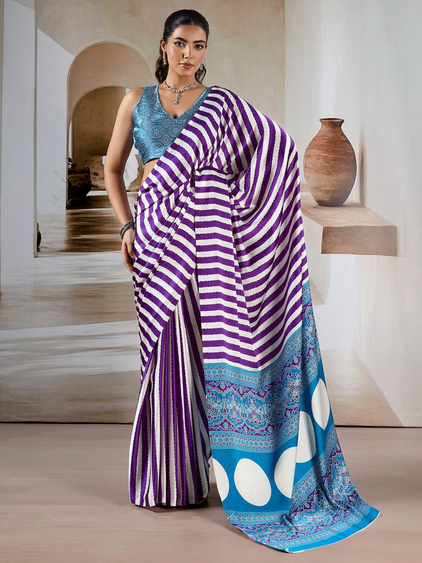 Purple Leheriya Satin Printed Saree