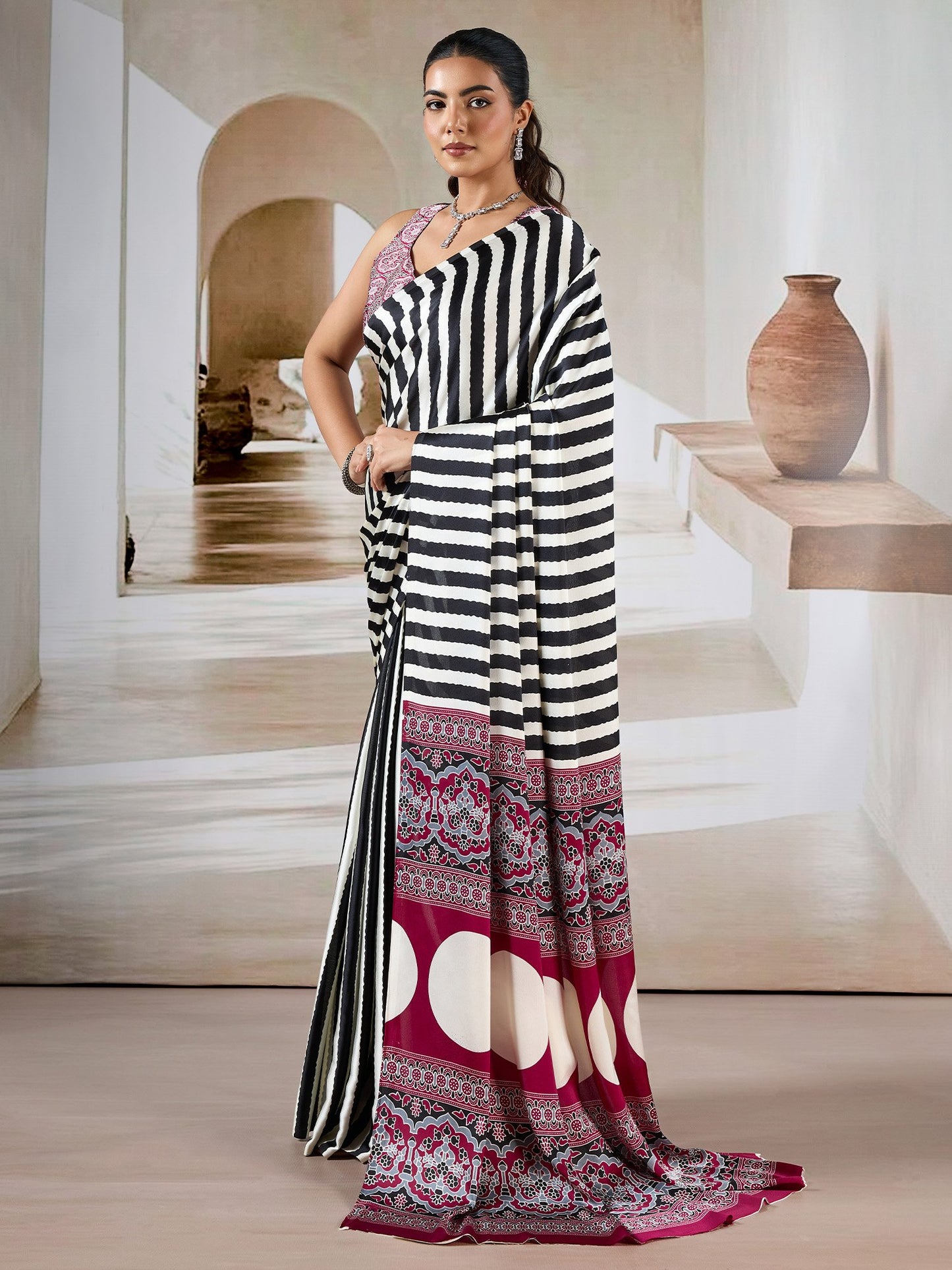 Black Leheriya Satin Printed Saree
