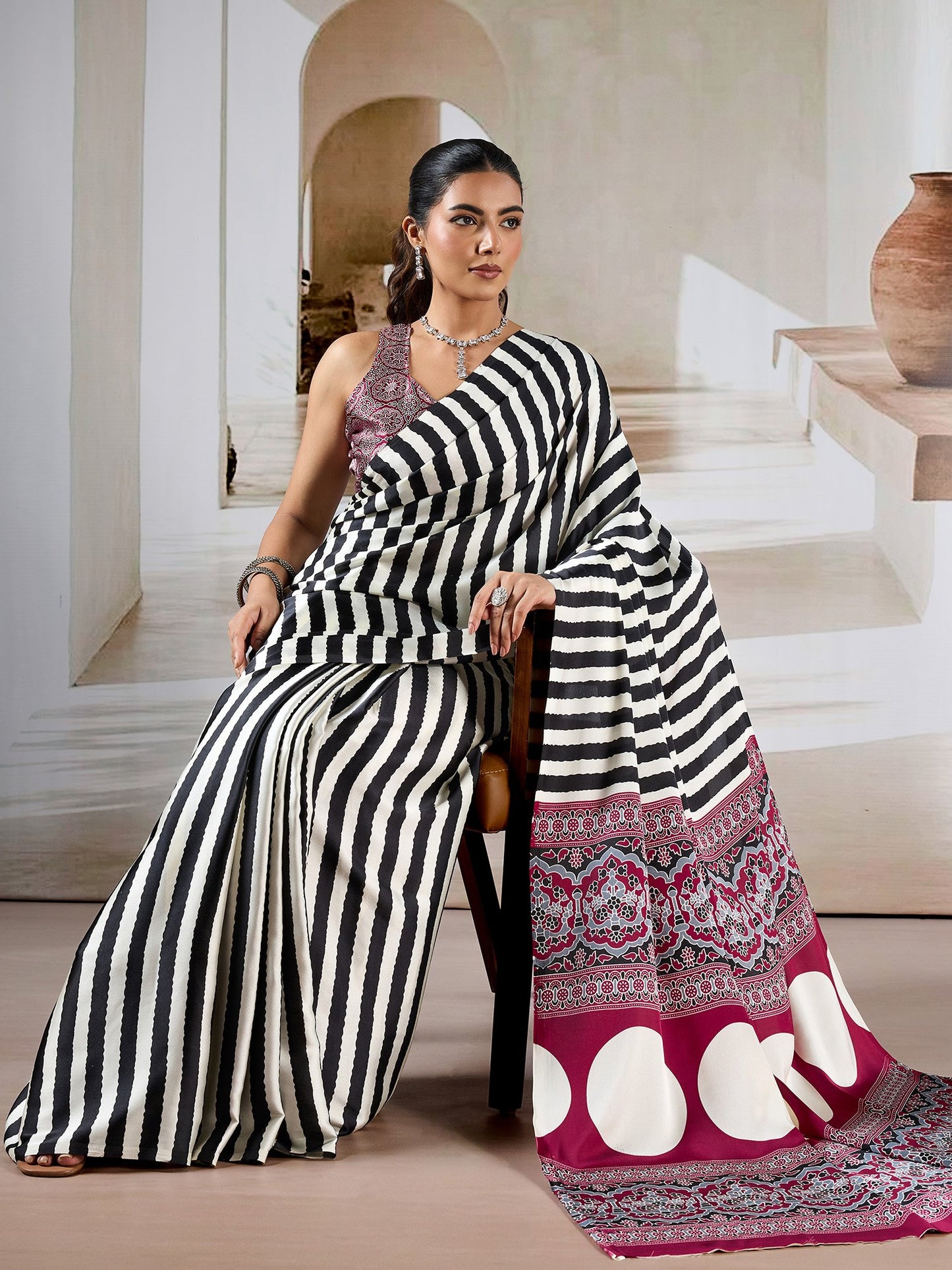 Black Leheriya Satin Printed Saree