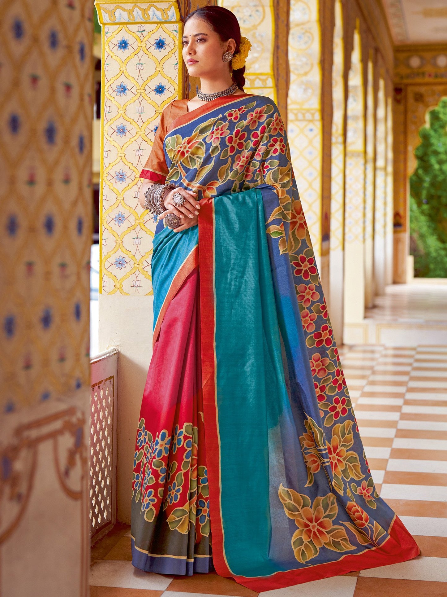 Multicolored Banarasi Silk Blend Printed Saree
