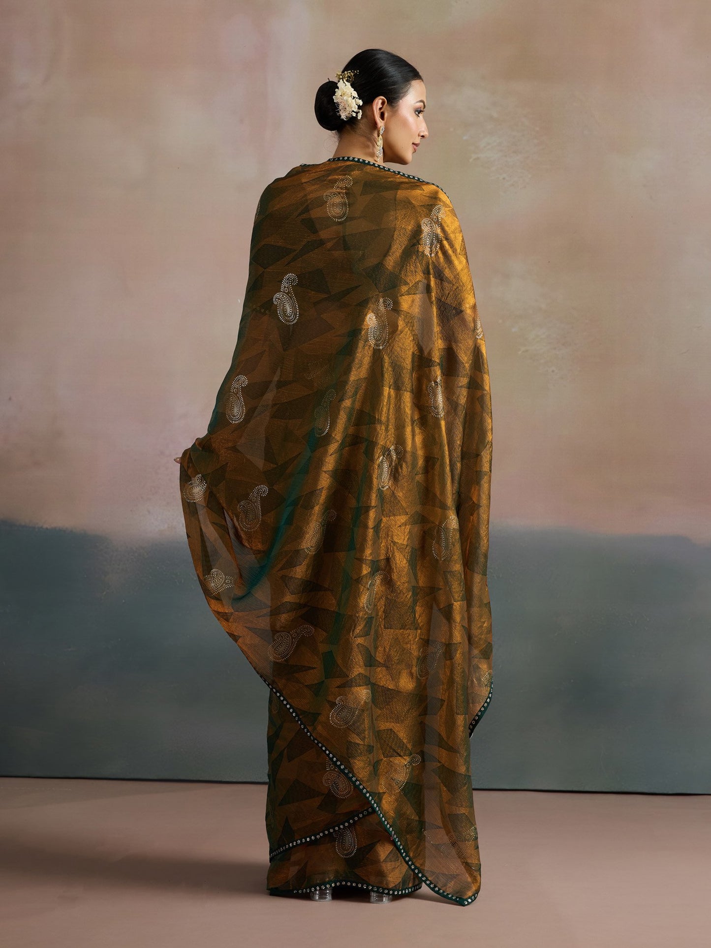 Bronze Party Wear Chiffon Printed Saree