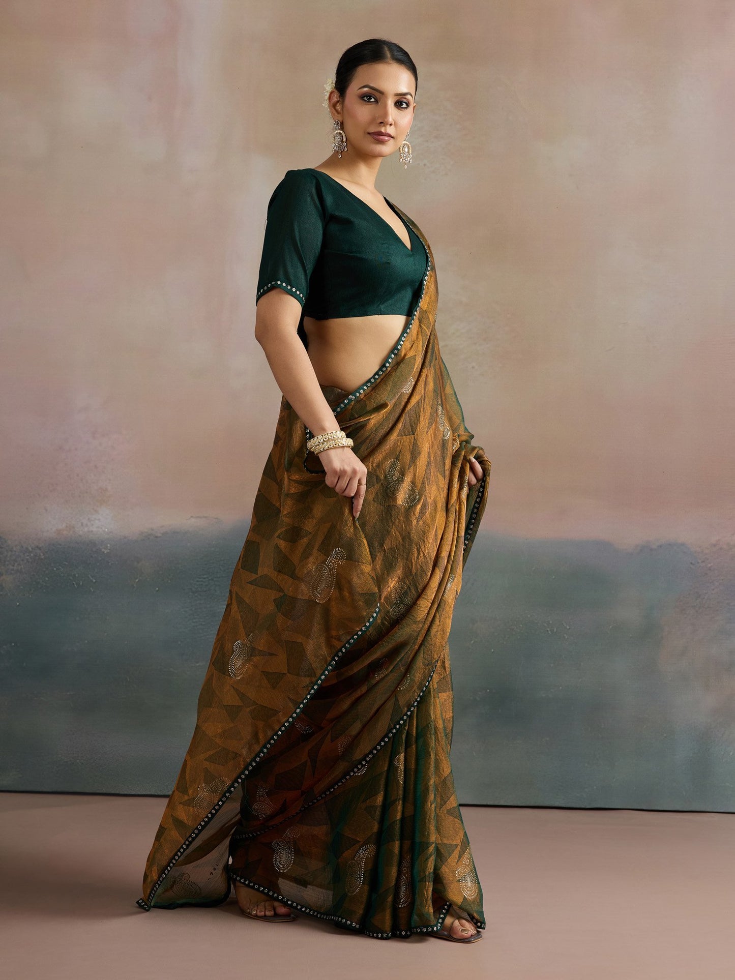Bronze Party Wear Chiffon Printed Saree
