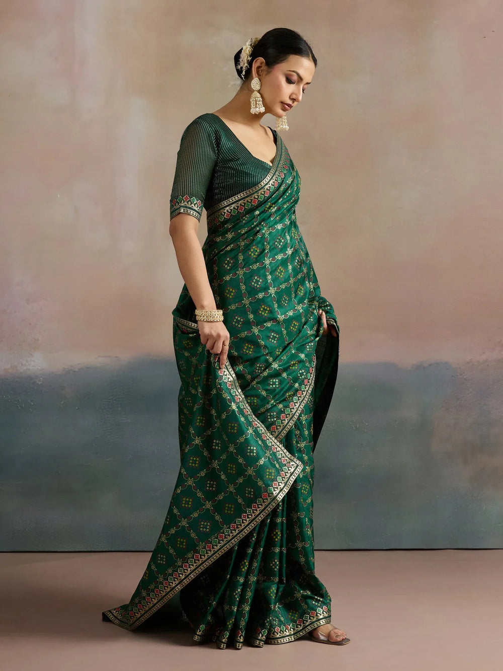 Green Bandhani Dola Silk Digital Print Saree - The Dori Store