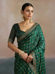 Green Bandhani Dola Silk Digital Print Saree - The Dori Store