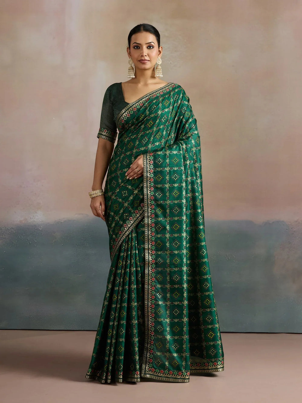 Green Bandhani Dola Silk Digital Print Saree - The Dori Store