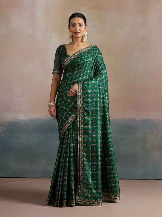 Green Green Bandhani Dola Silk Digital Print Saree