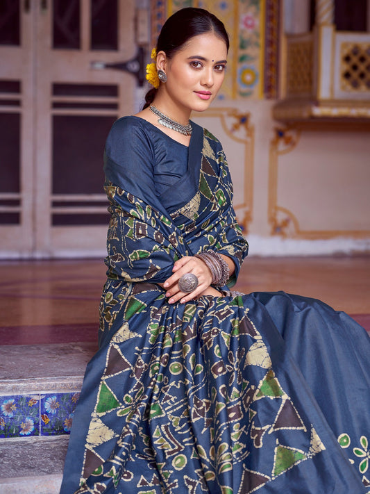 Blue Navy Banarasi Silk Blend Printed Saree