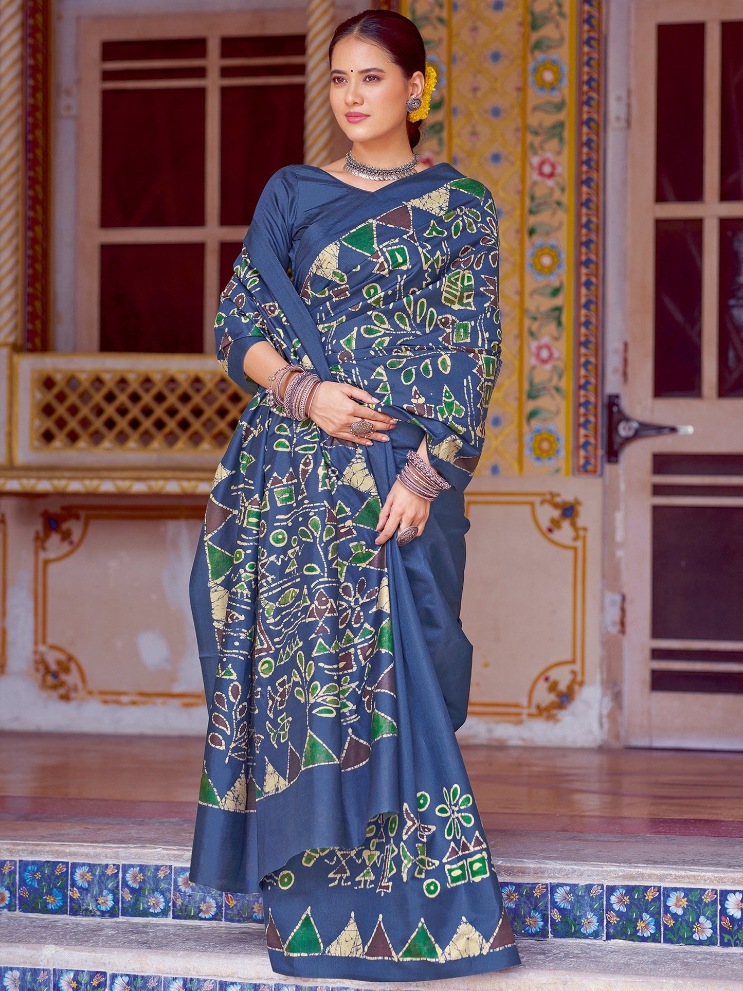 Navy Banarasi Silk Blend Printed Saree