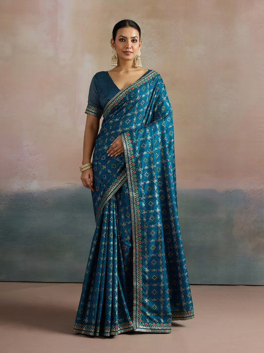Blue Teal Bandhani Dola Silk Digital Print Saree