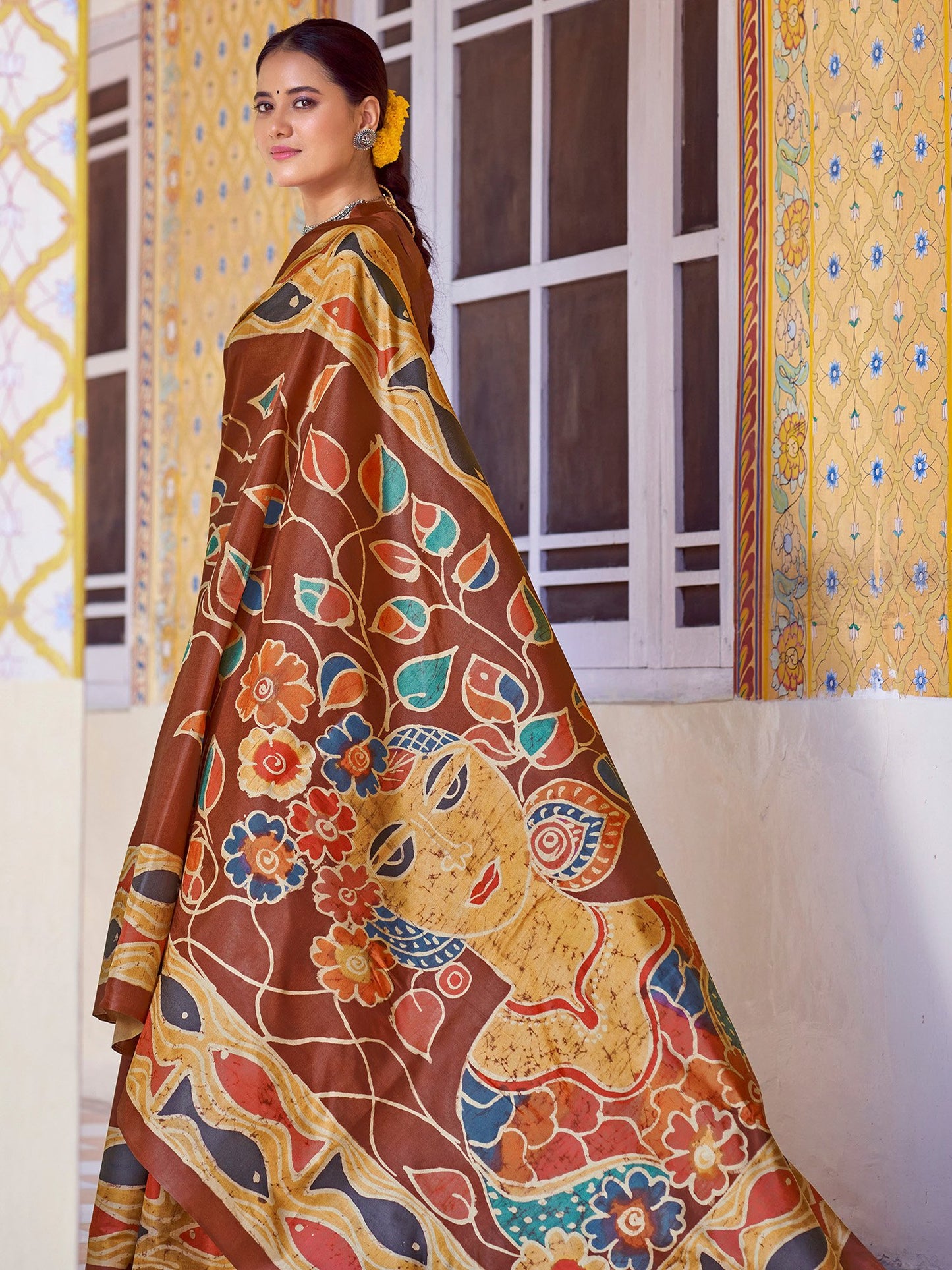 Brown Banarasi Silk Blend Printed Saree
