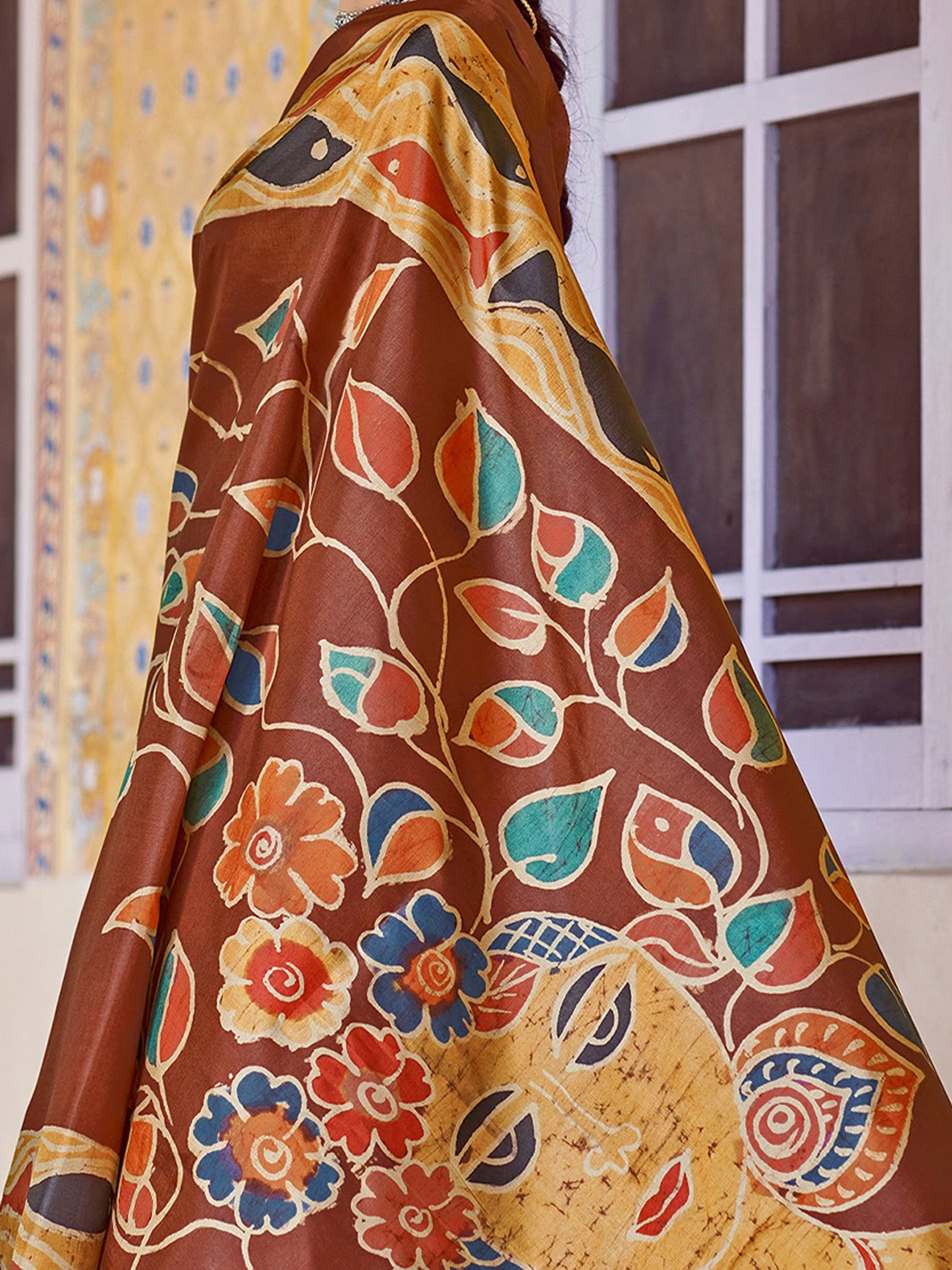 Brown Banarasi Silk Blend Printed Saree