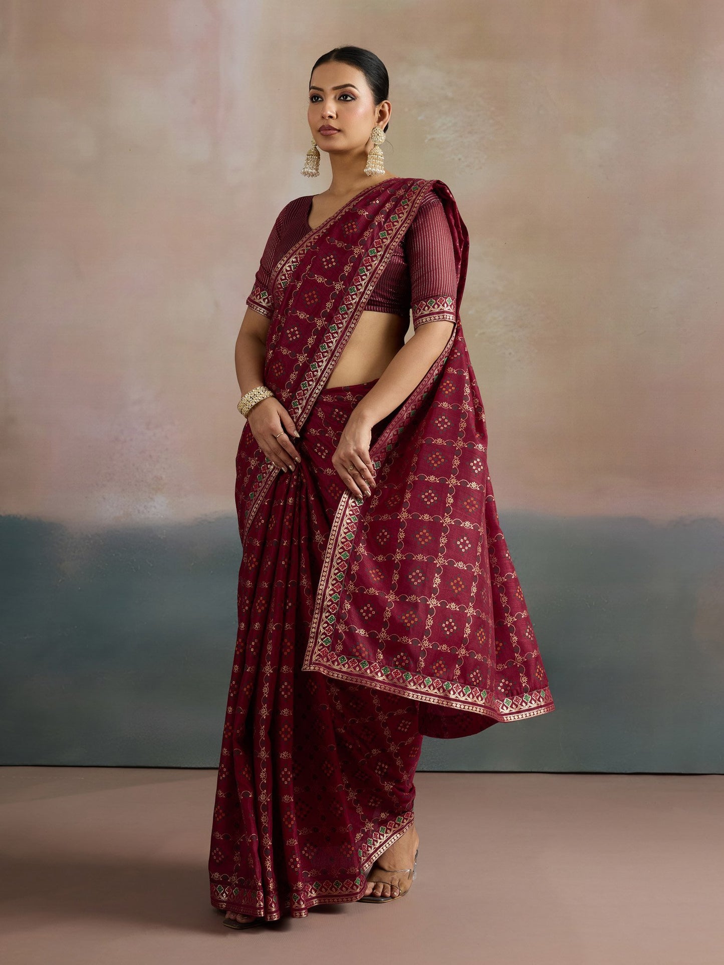 Maroon Bandhani Dola Silk Digital Print Saree