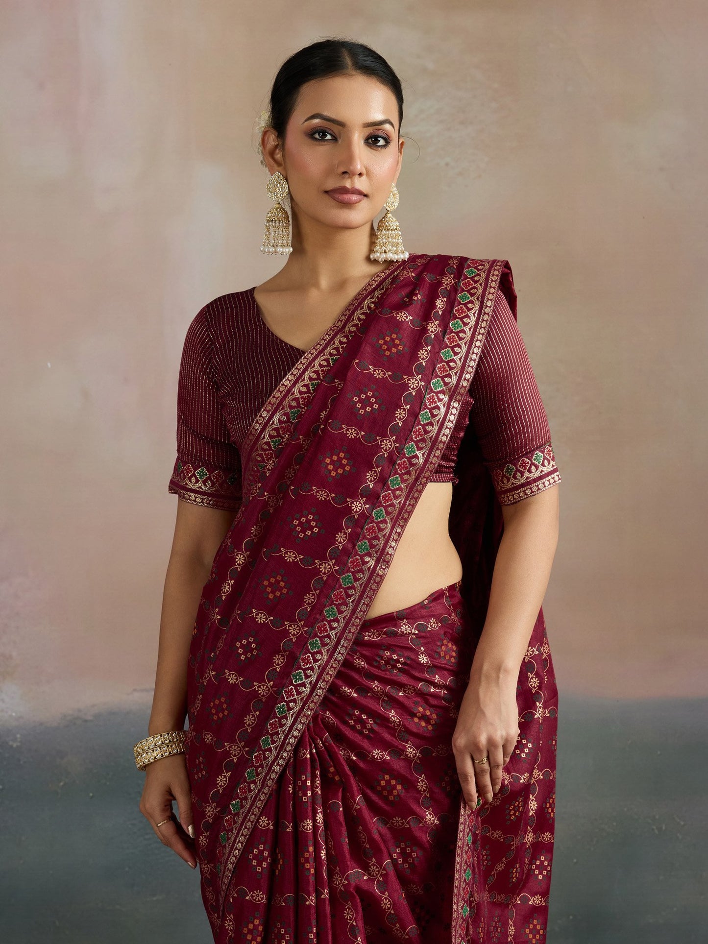 Maroon Bandhani Dola Silk Digital Print Saree
