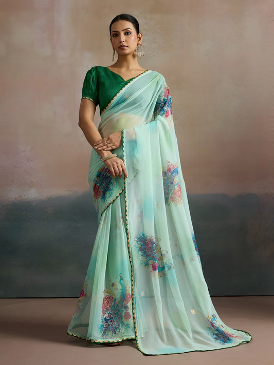 Green Sea Party Wear Georgette Printed Saree