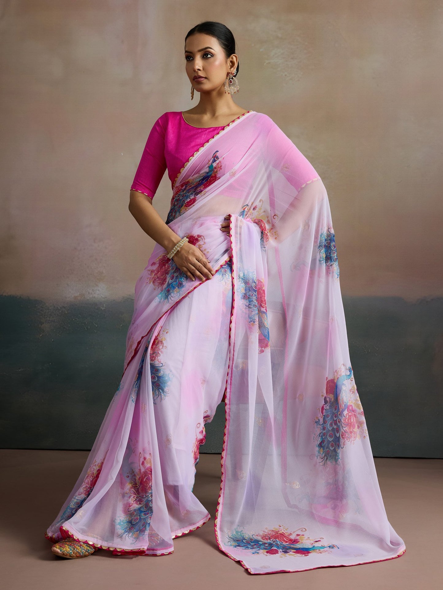 Pink Party Wear Georgette Printed Saree