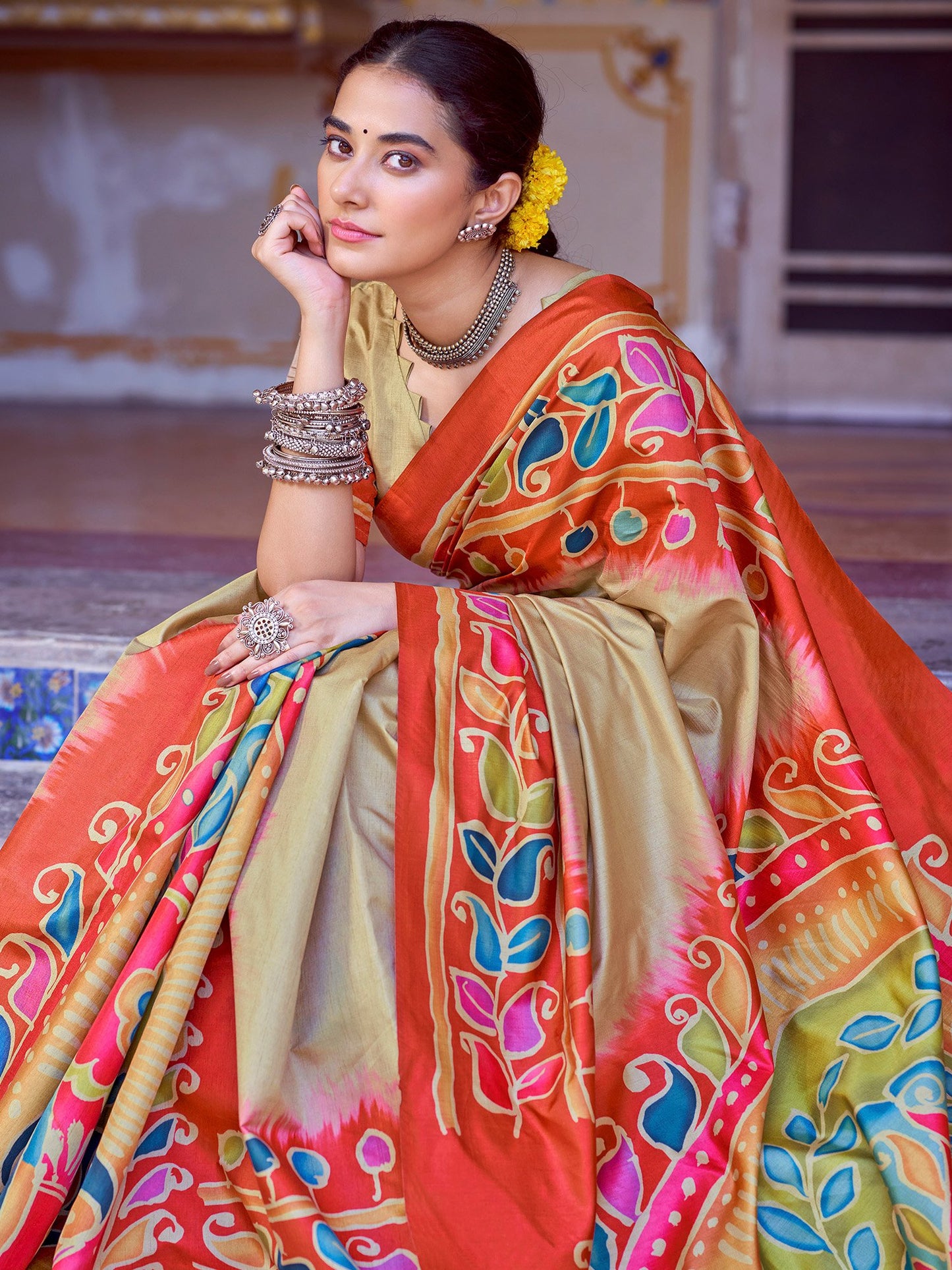 Multicolored Banarasi Silk Blend Printed Saree