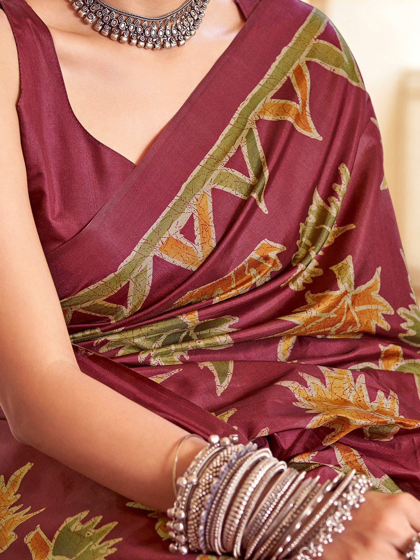 Maroon Banarasi Silk Blend Printed Saree
