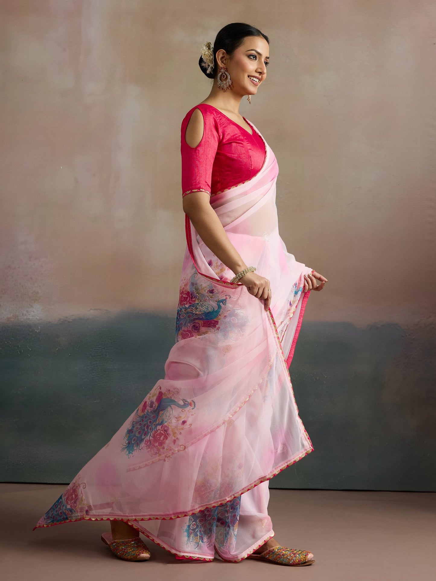Pink Party Wear Georgette Printed Saree
