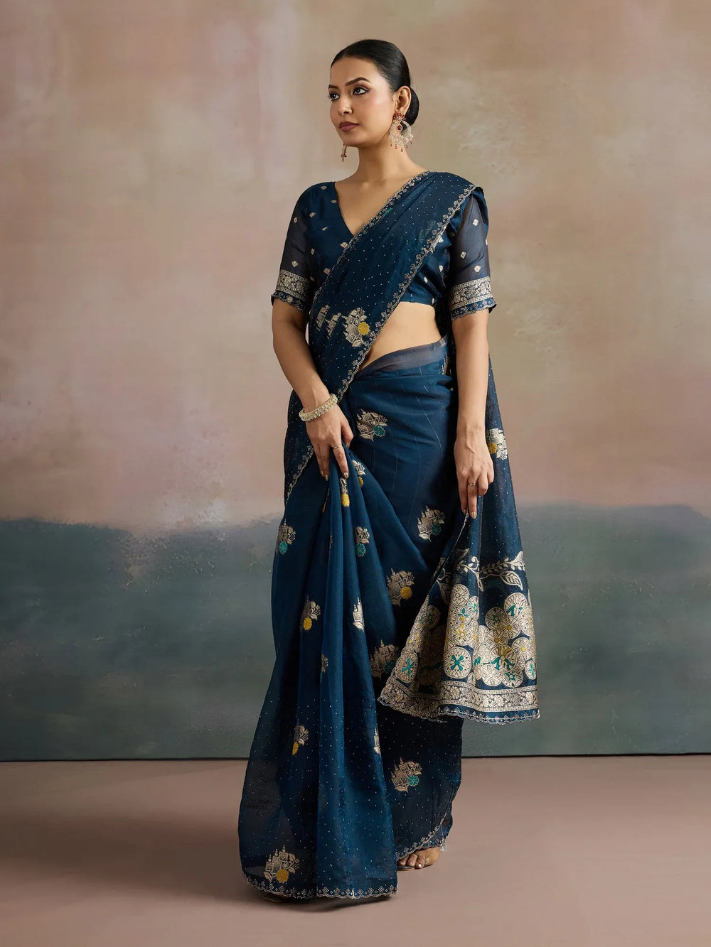 Dark Blue Uppada Organza Woven Saree - The Dori Store