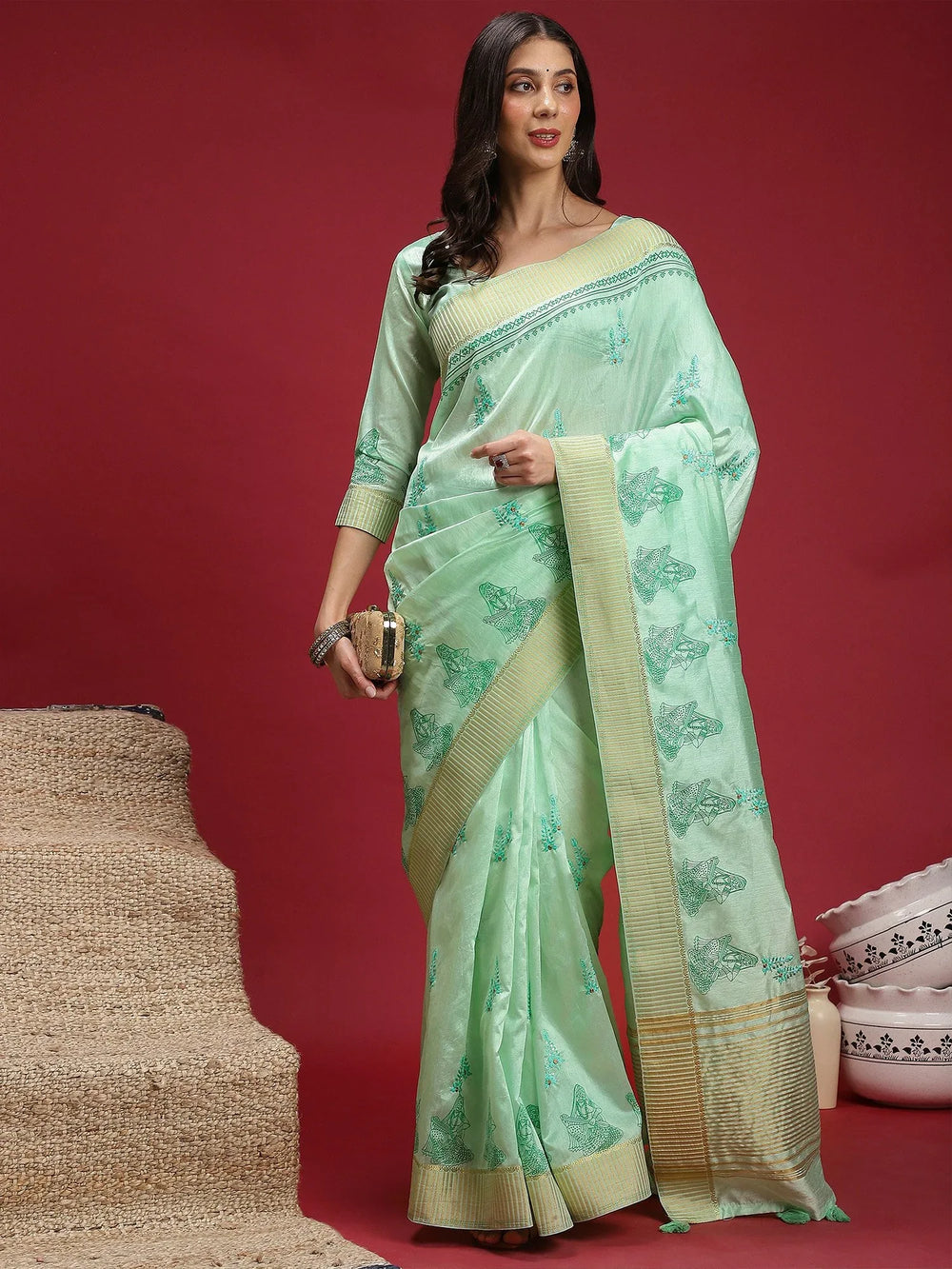Turquoise Banarasi Linen Woven Saree - The Dori Store