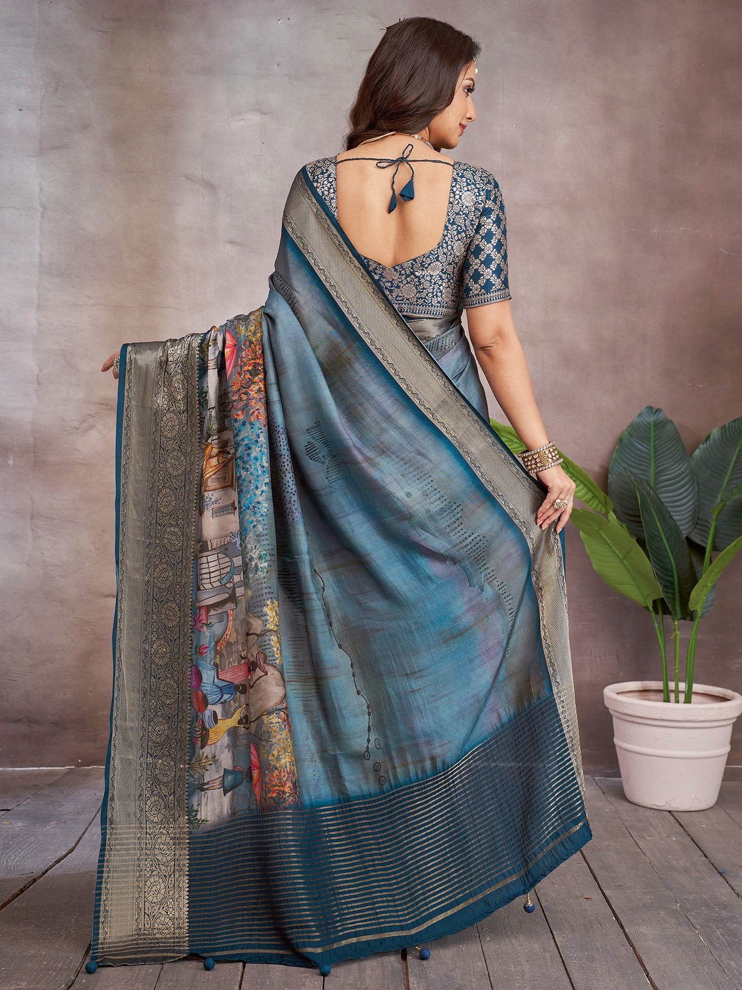 Blue Banarasi Viscose Printed Saree