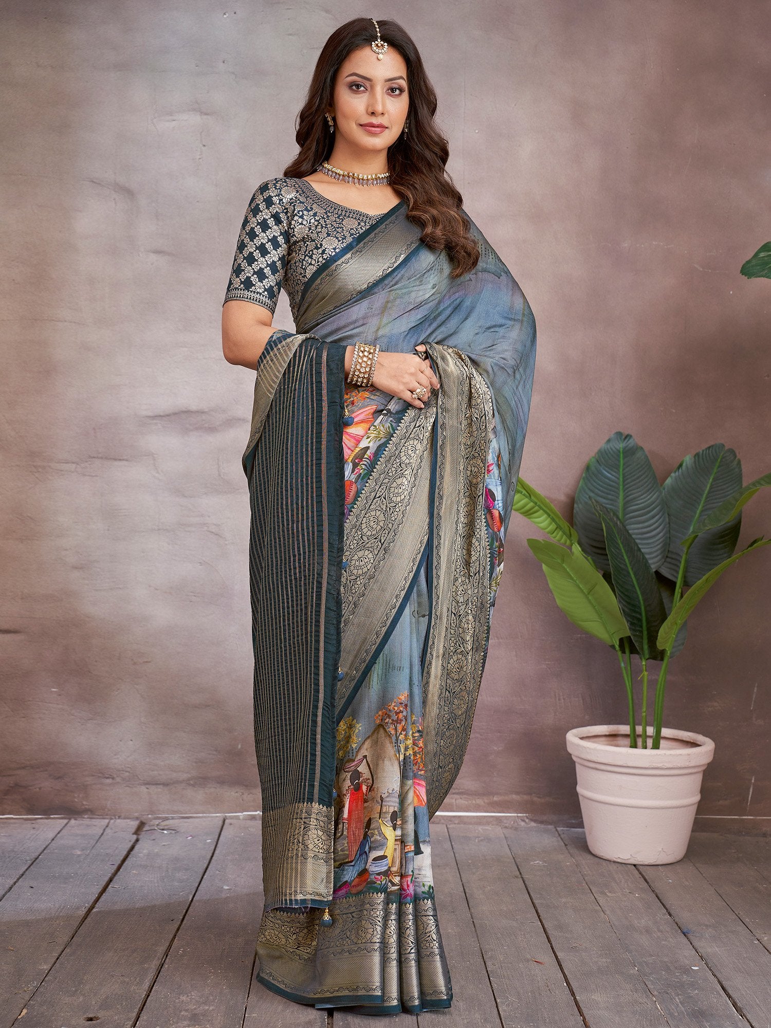 Blue Blue Banarasi Viscose Printed Saree