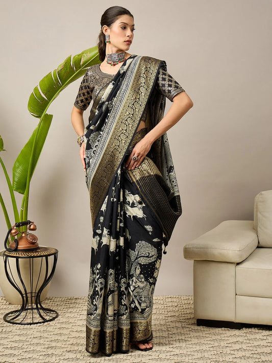 Black Black Banarasi Viscose Printed Saree