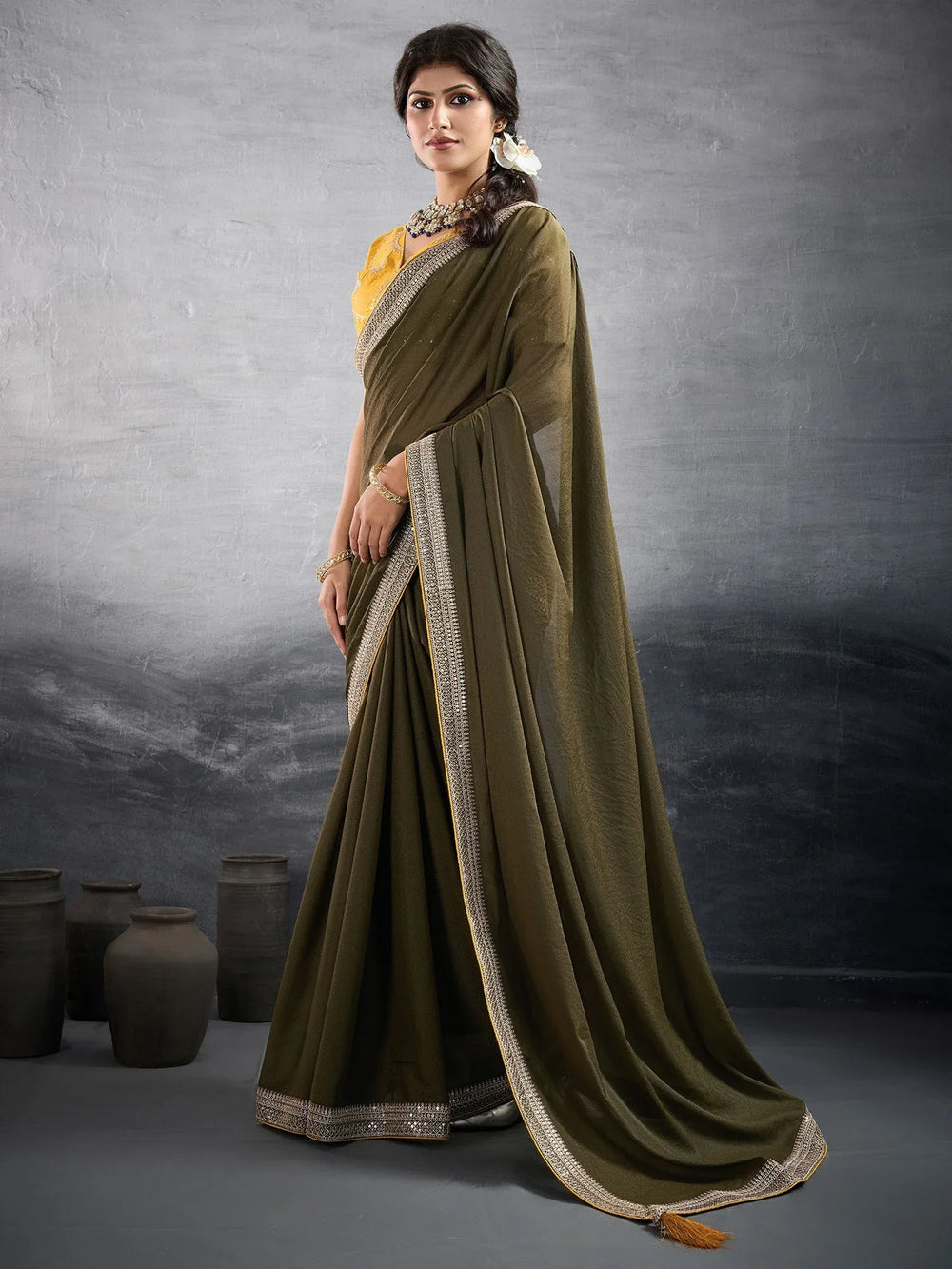 Green Party Wear Georgette Embellished Saree - The Dori Store