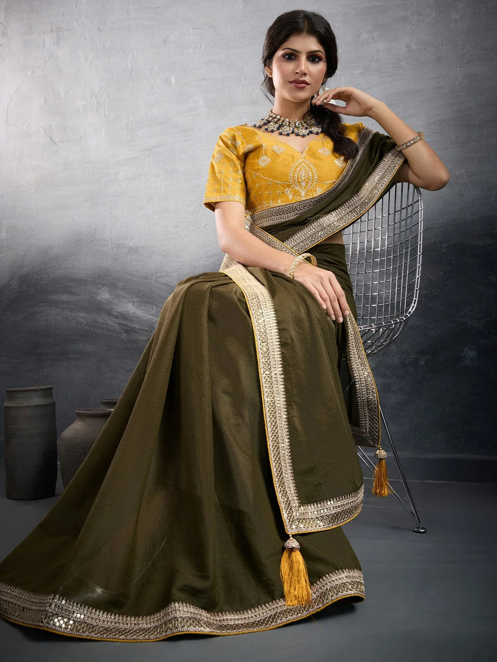 Green Party Wear Georgette Embellished Saree - The Dori Store