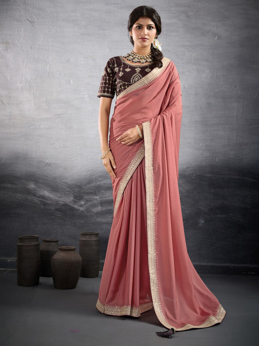 Pink Peach Party Wear Georgette Embellished Saree