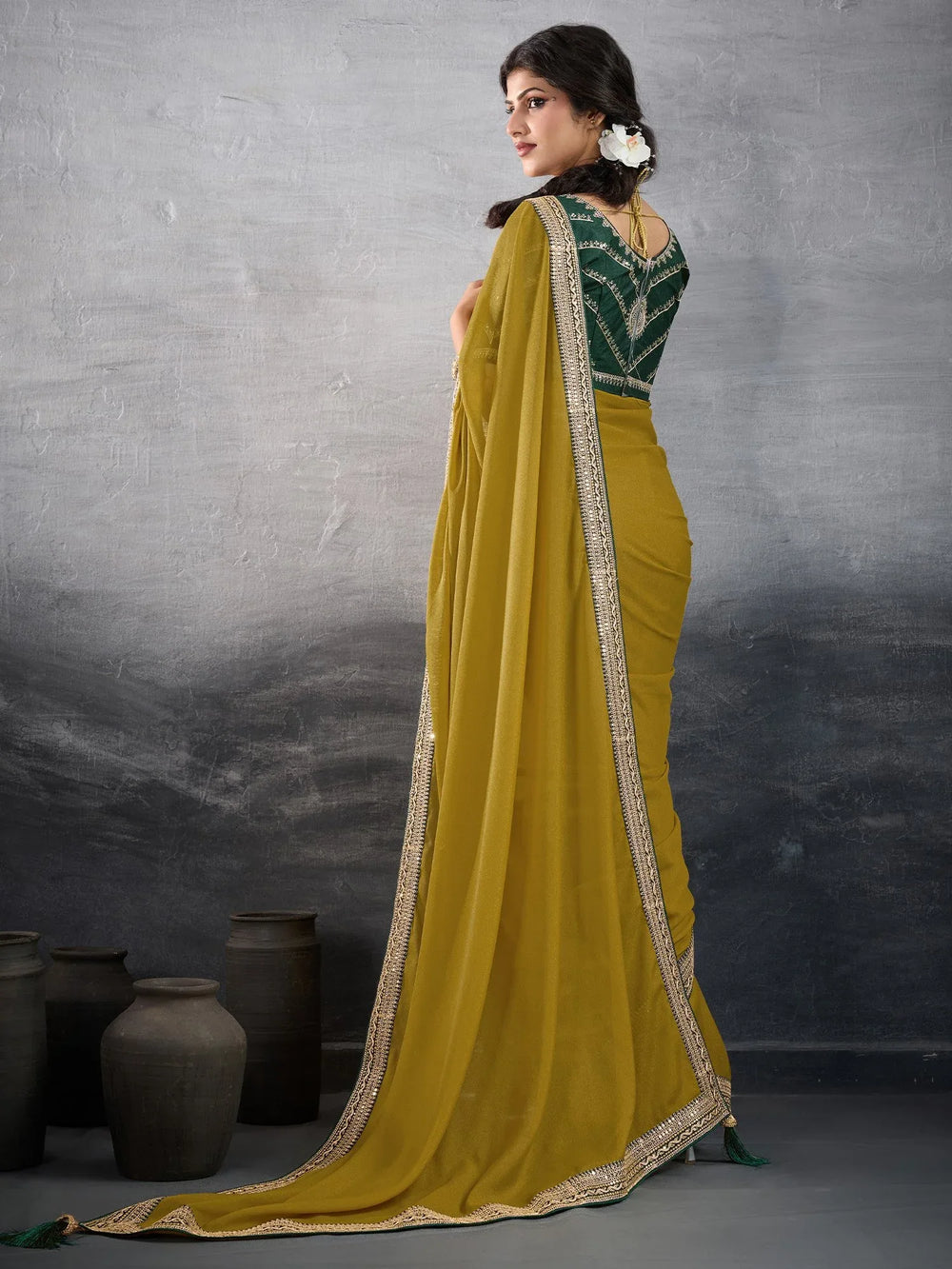 Olive Party Wear Georgette Embellished Saree - The Dori Store