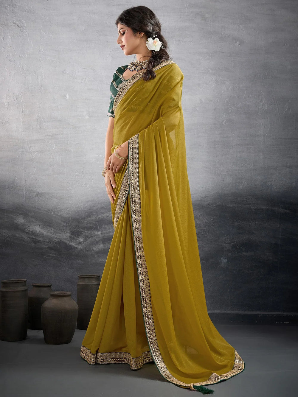 Olive Party Wear Georgette Embellished Saree - The Dori Store