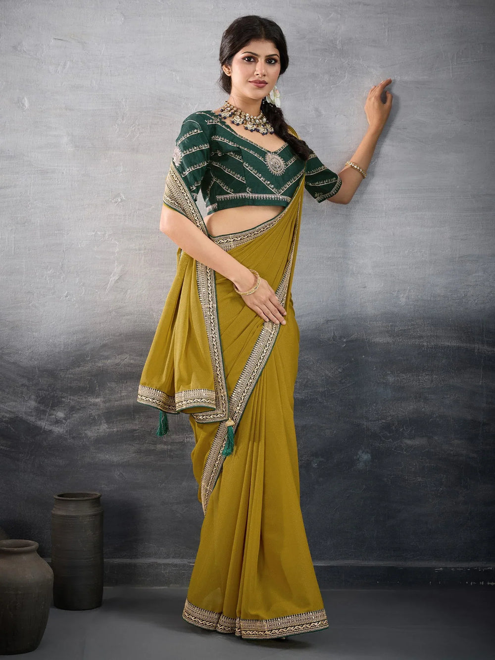 Olive Party Wear Georgette Embellished Saree - The Dori Store