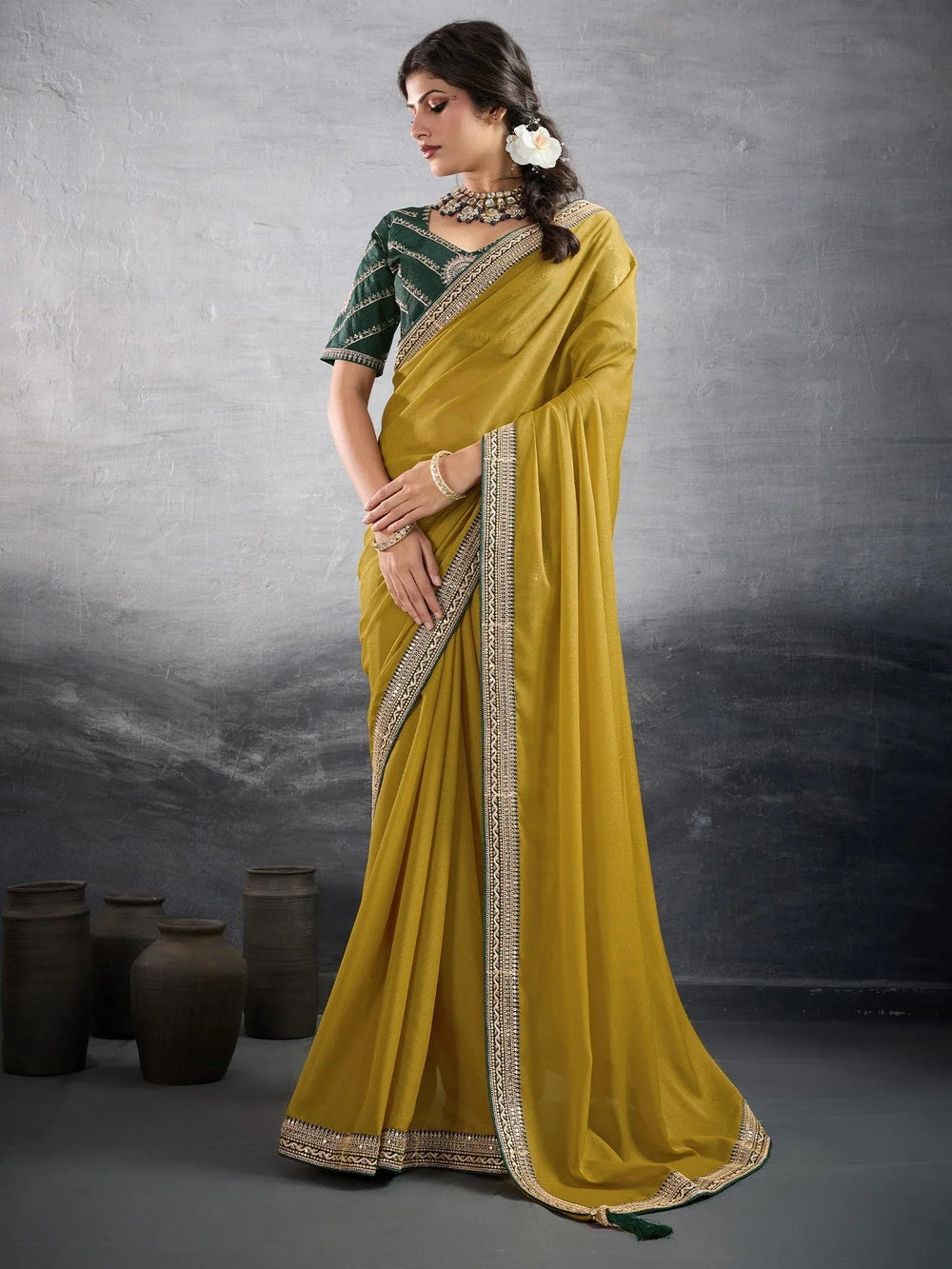 Olive Party Wear Georgette Embellished Saree - The Dori Store